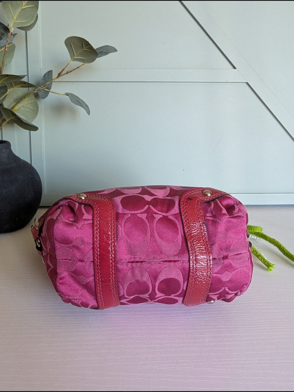Coach Pink Signature Jacquard Shoulder Bag with Pearl Charm - Picture 12 of 16